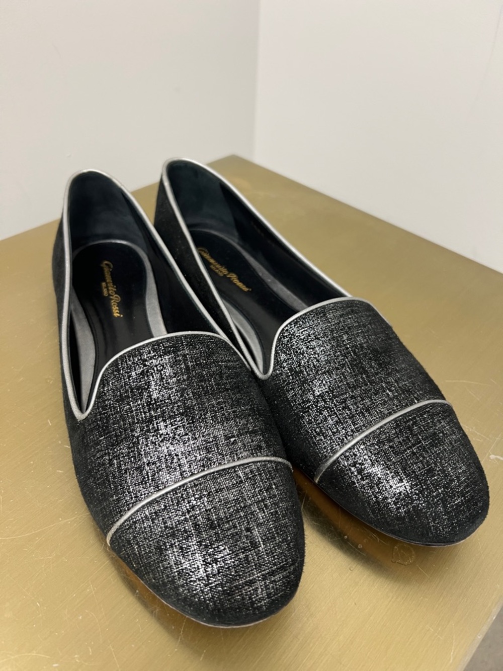 Gianvito Rossi Black Metallic Loafers with Silver Piping